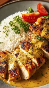 Saftiges Honig-Senf-Hähnchen auf einem Teller mit Beilagen