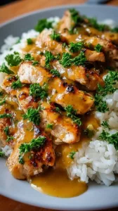 Honig Senf Hähnchen mit Reis auf einem Teller serviert