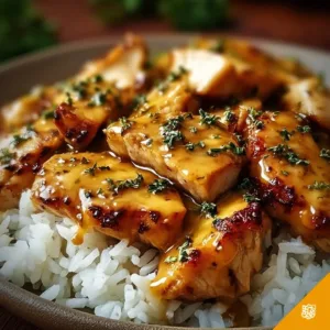 Honig Senf Hähnchen gerecht mit Reis und einer aromatischen Sauce