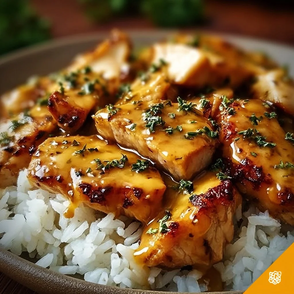 Honig Senf Hähnchen gerecht mit Reis und einer aromatischen Sauce