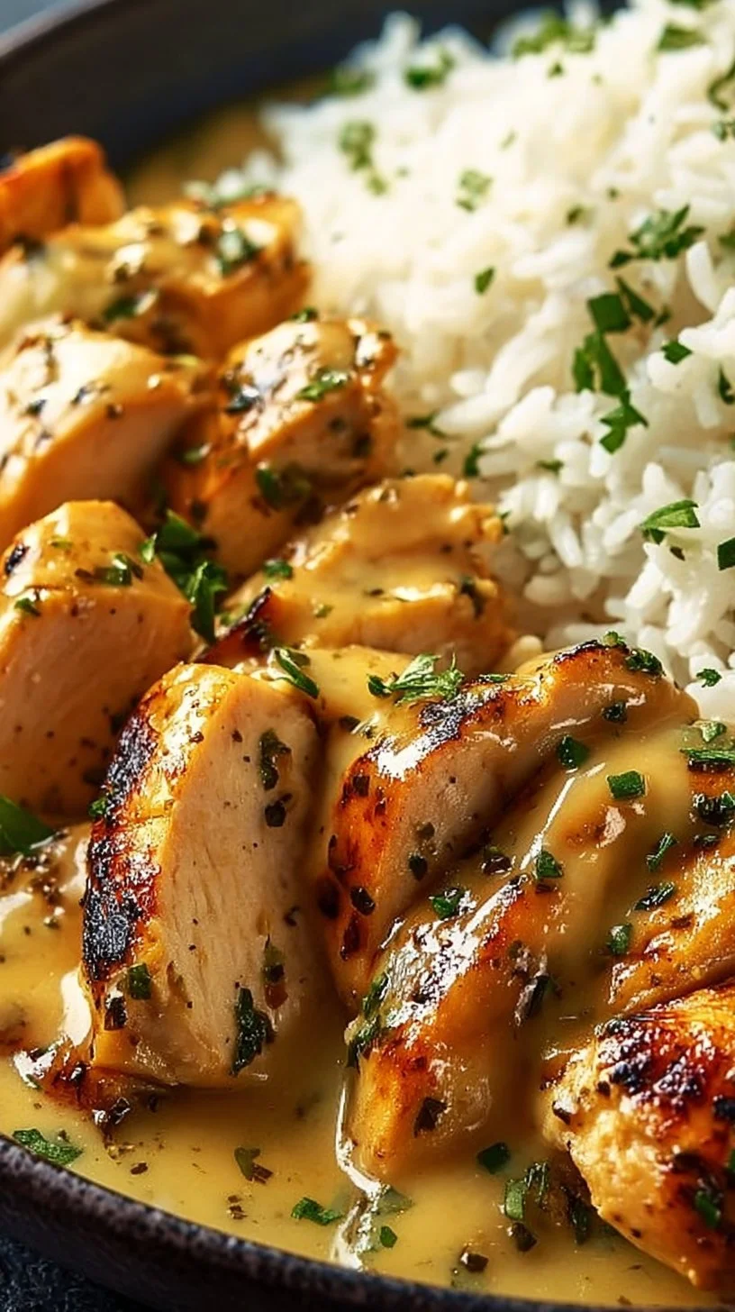 Honig-Senf-Rindfleisch mit Reis auf einem Teller angerichtet