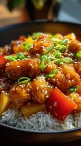 Klassisches Gericht Huhn süß-sauer auf einem Teller angerichtet