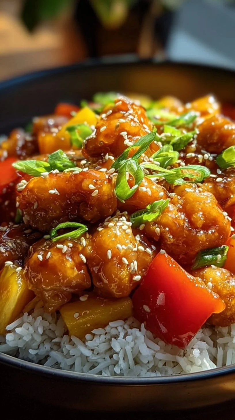 Klassisches Gericht Huhn süß-sauer auf einem Teller angerichtet