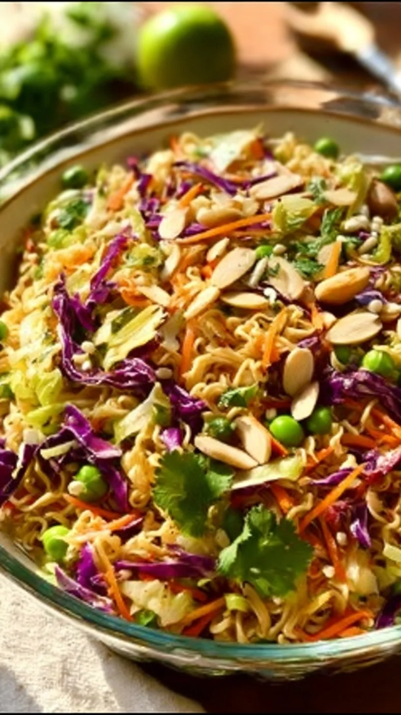 Knuspriger asiatischer Ramen-Nudelsalat mit frischen Zutaten und Dressing.