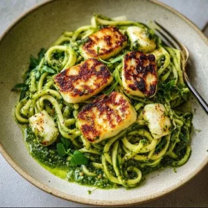 Knuspriger Halloumi serviert mit Zucchini-Pesto-Nudeln auf einem Teller