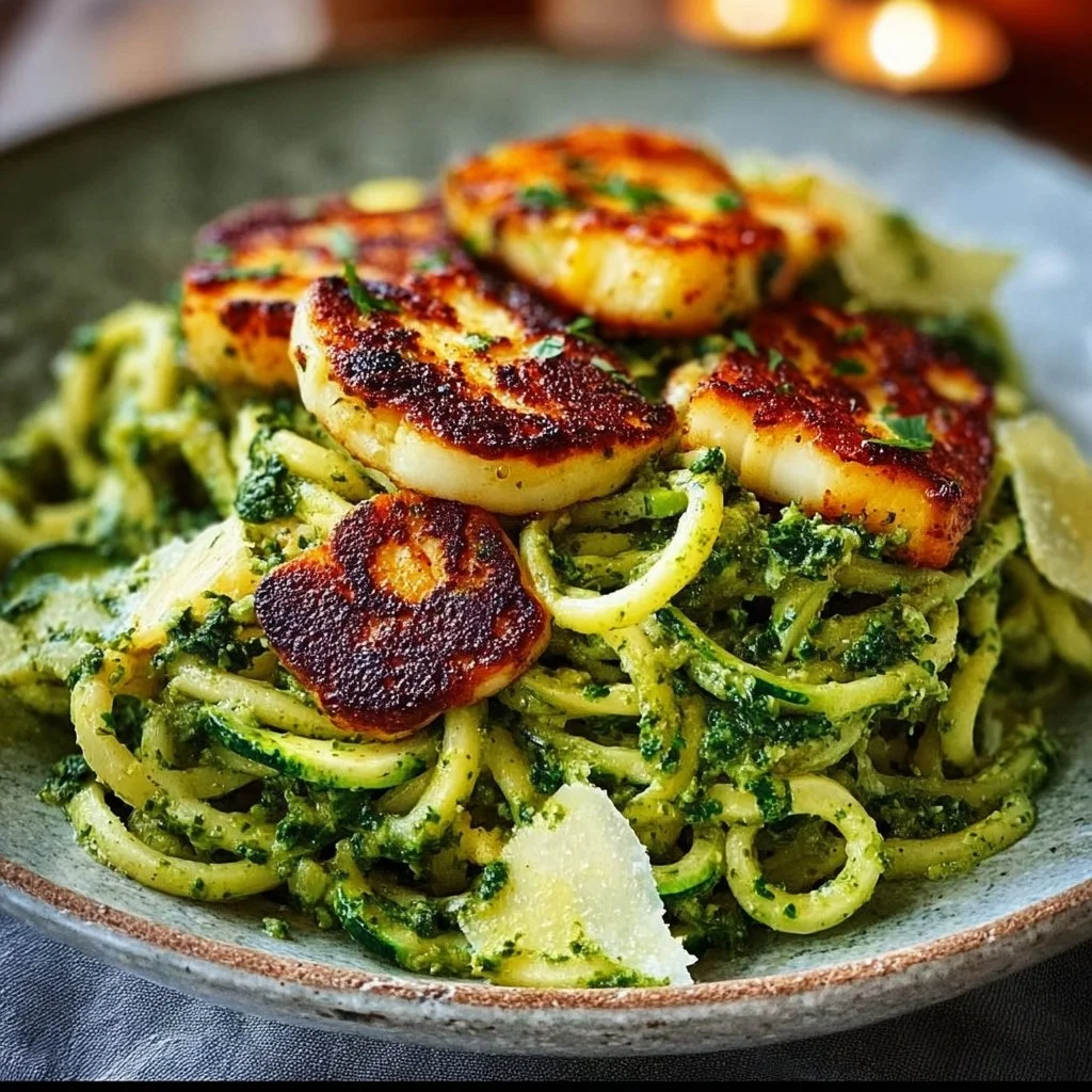 Knuspriger Halloumi mit Zucchini-Pesto-Nudeln
