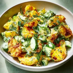 Knuspriger Kartoffelsalat mit frischen Zutaten und knusprigen Elementen.