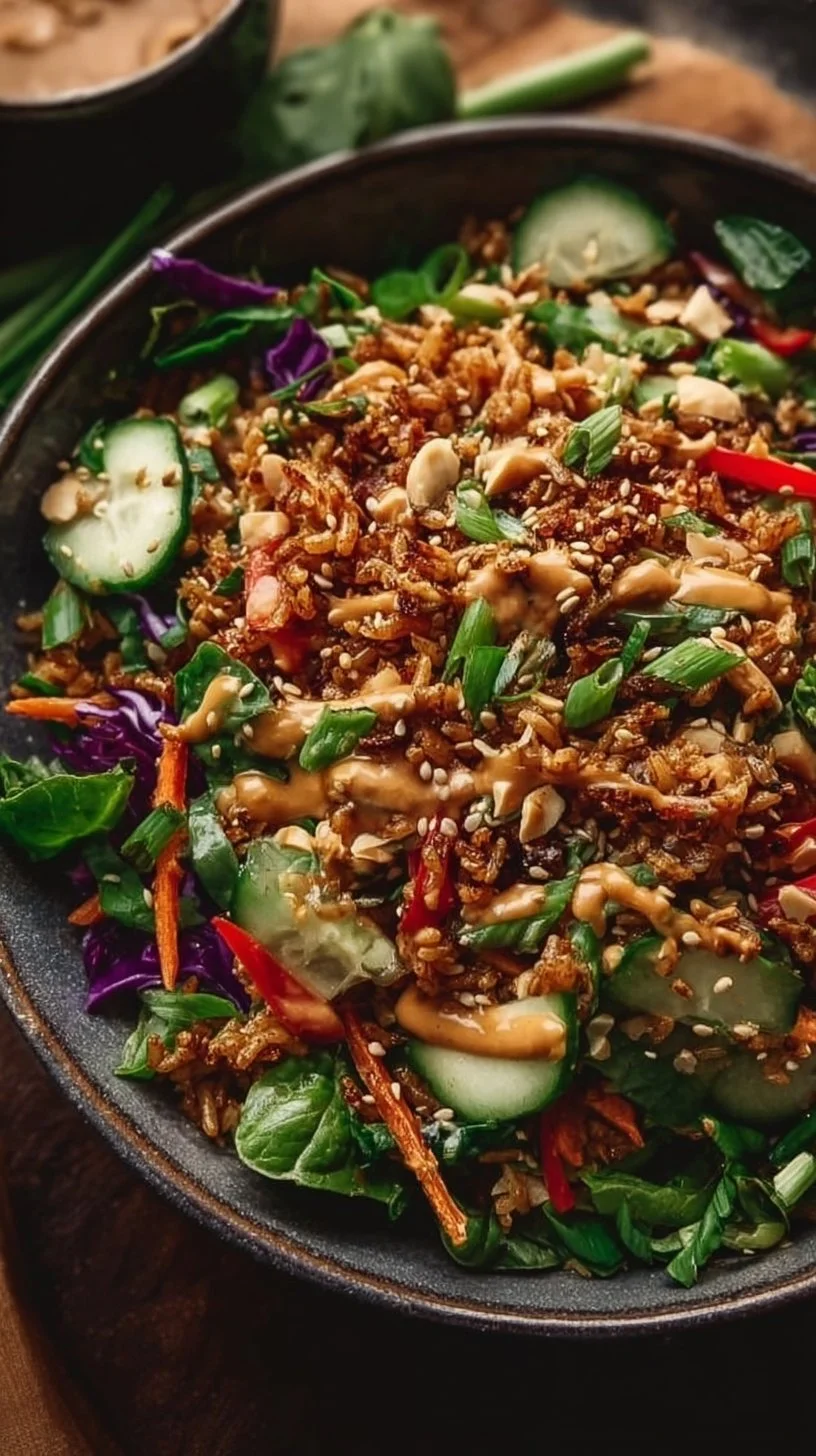 Knuspriger Reis-Salat mit Erdnuss-Sesam-Dressing