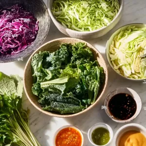 Kohl-Crunch-Salat mit frischem Gemüse und Dressing auf einem Teller