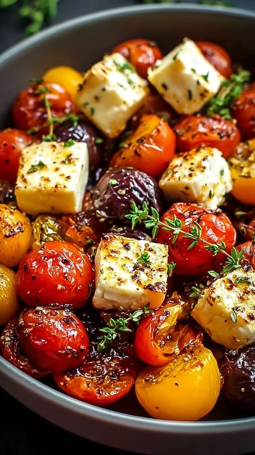 Feta Kartoffeln Ofengemüse frisch aus dem Ofen, garniert mit Kräutern.