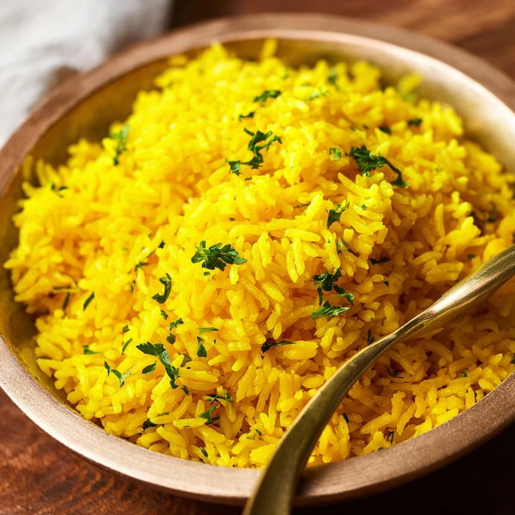 Schüssel mit Kurkuma-Reis, gesundes und aromatisches Gericht