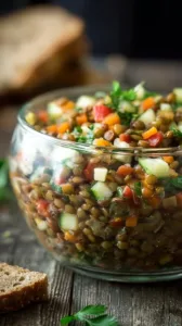 Lauwarm servierter Linsensalat im Glas mit frischen Zutaten