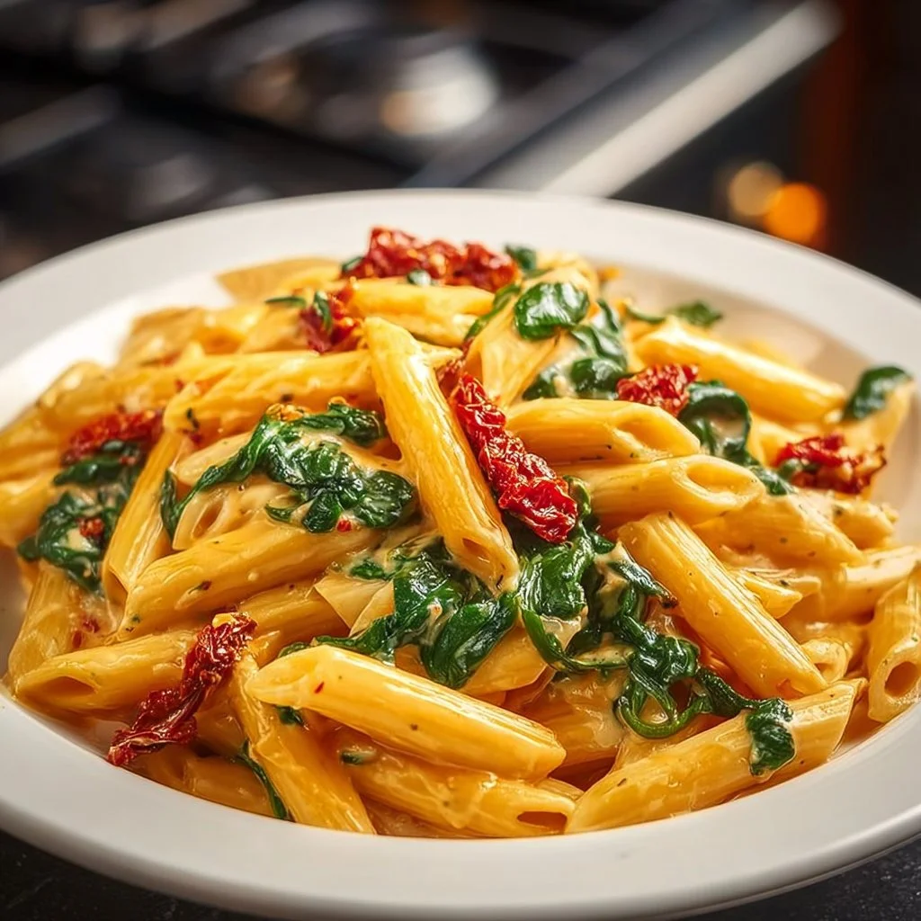 Leckere Spinat-Tomaten-Pasta mit frischem Spinat und saftigen Tomaten