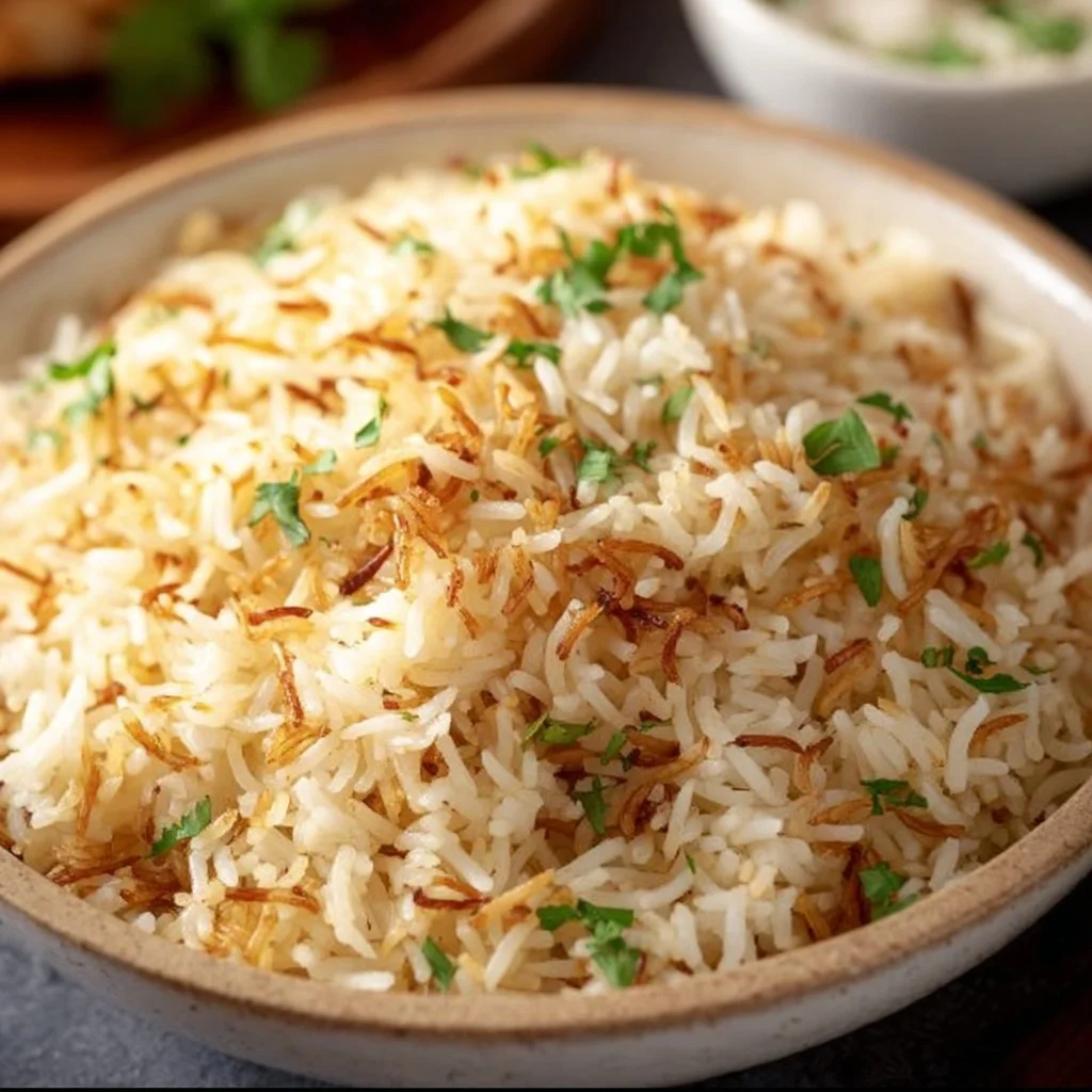 Schale mit traditionellem libanesischen Reis, garniert mit Nüssen und Kräutern