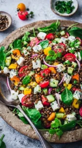 Gesunder Linsensalat mit frischen Zutaten und Gewürzen