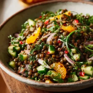 Linsensalat mit Orangen-Dattel-Dressing auf einem Teller