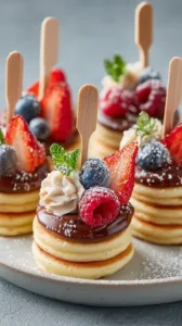 Bunte Mini-Pfannkuchen-Spieße auf einem Teller, ideal für Partys.