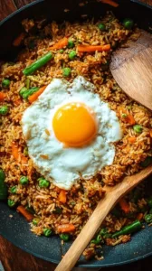Leckere Portion Nasi Goreng mit Gemüse und Fleisch auf einem Teller.