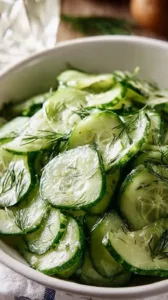 Omas Gurkensalat mit Essig und Öl in einer Schüssel serviert.