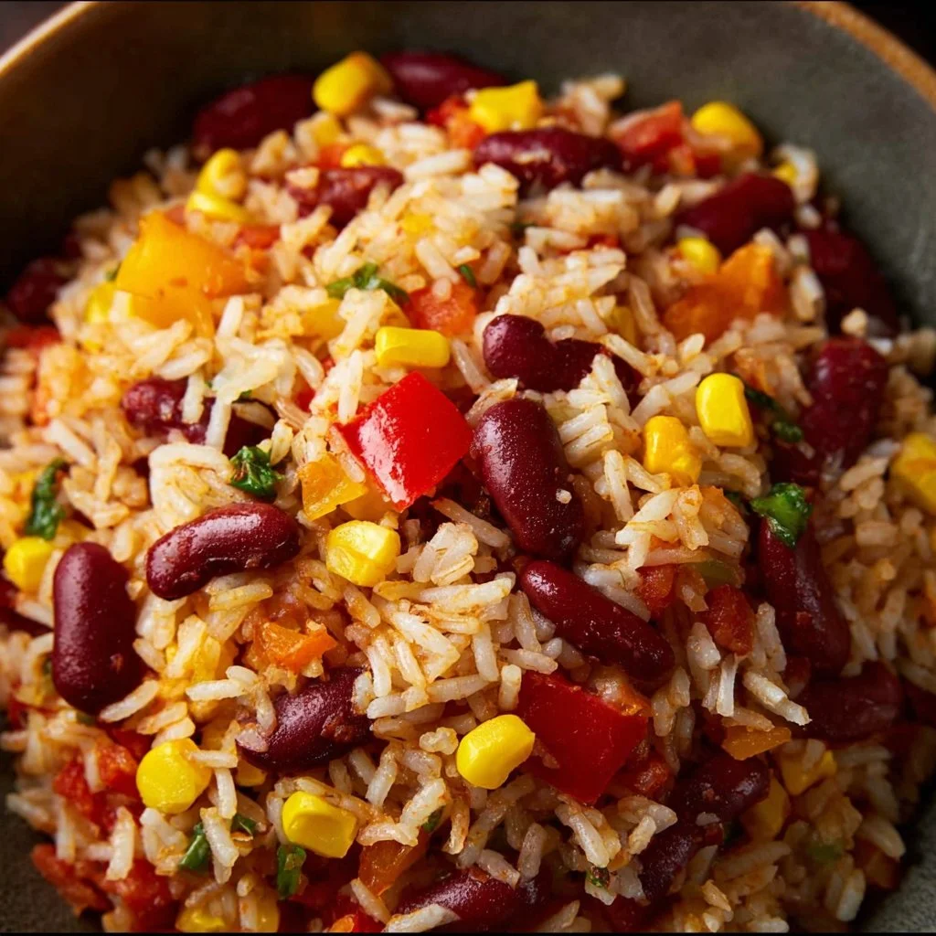 One-Pot Rice mit Paprika, Bohnen und Mais in einer großen Pfanne