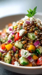 Orientalischer roter Linsensalat mit Feta und frischen Zutaten