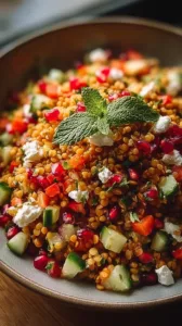 Orientalischer Rote Linsen Salat mit Feta auf einem bunten Teller