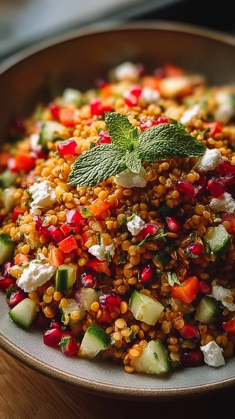 Orientalischer Rote Linsen Salat mit Feta auf einem bunten Teller
