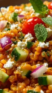 Orientalischer Rote Linsensalat mit Feta und frischen Zutaten