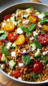 Orientalischer Rote Linsensalat mit Feta in einer Schüssel