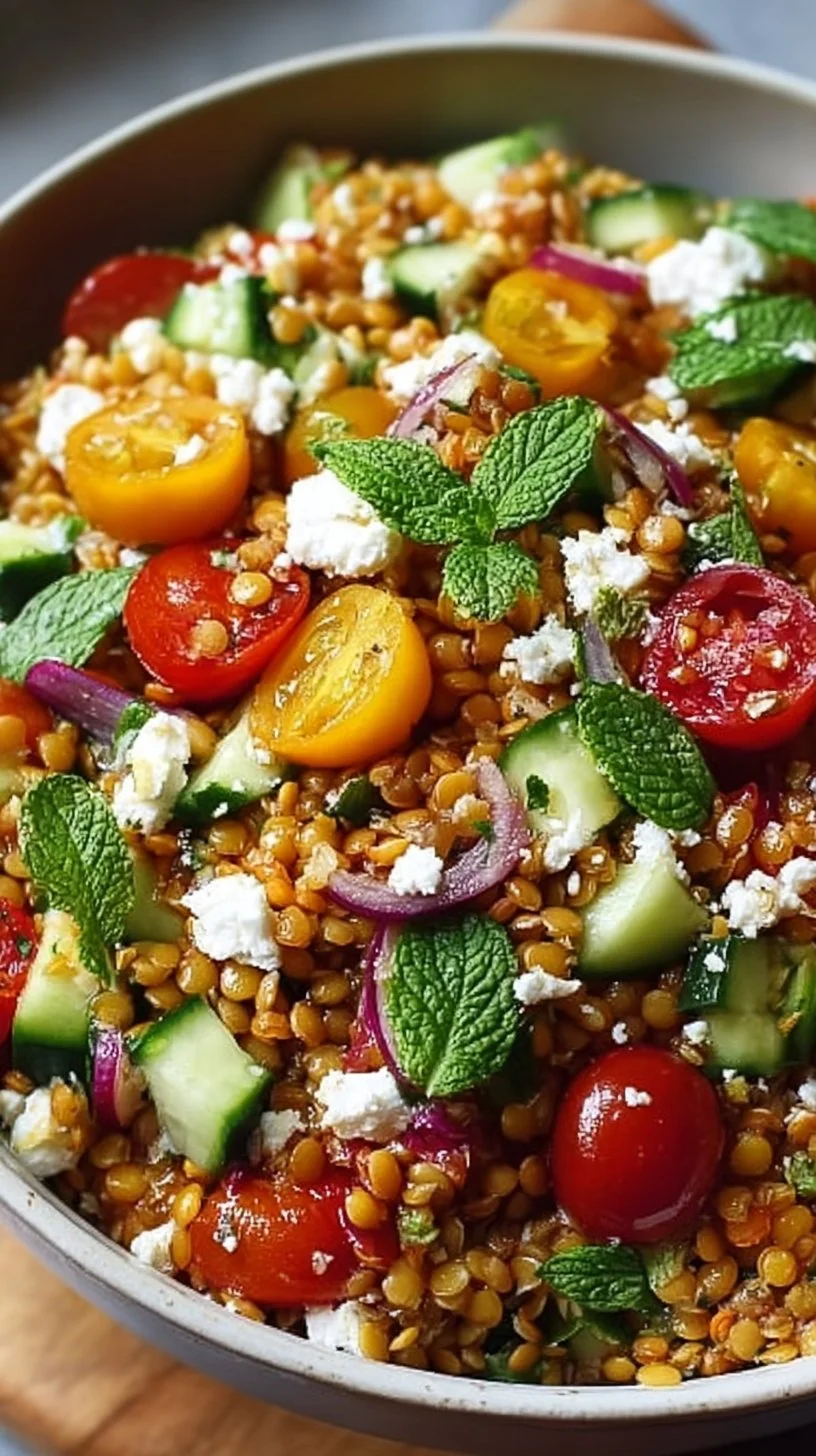 Orientalischer Rote Linsensalat mit Feta in einer Schüssel
