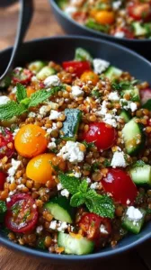 Orientalischer Rote Linsensalat mit Feta auf einem Teller serviert