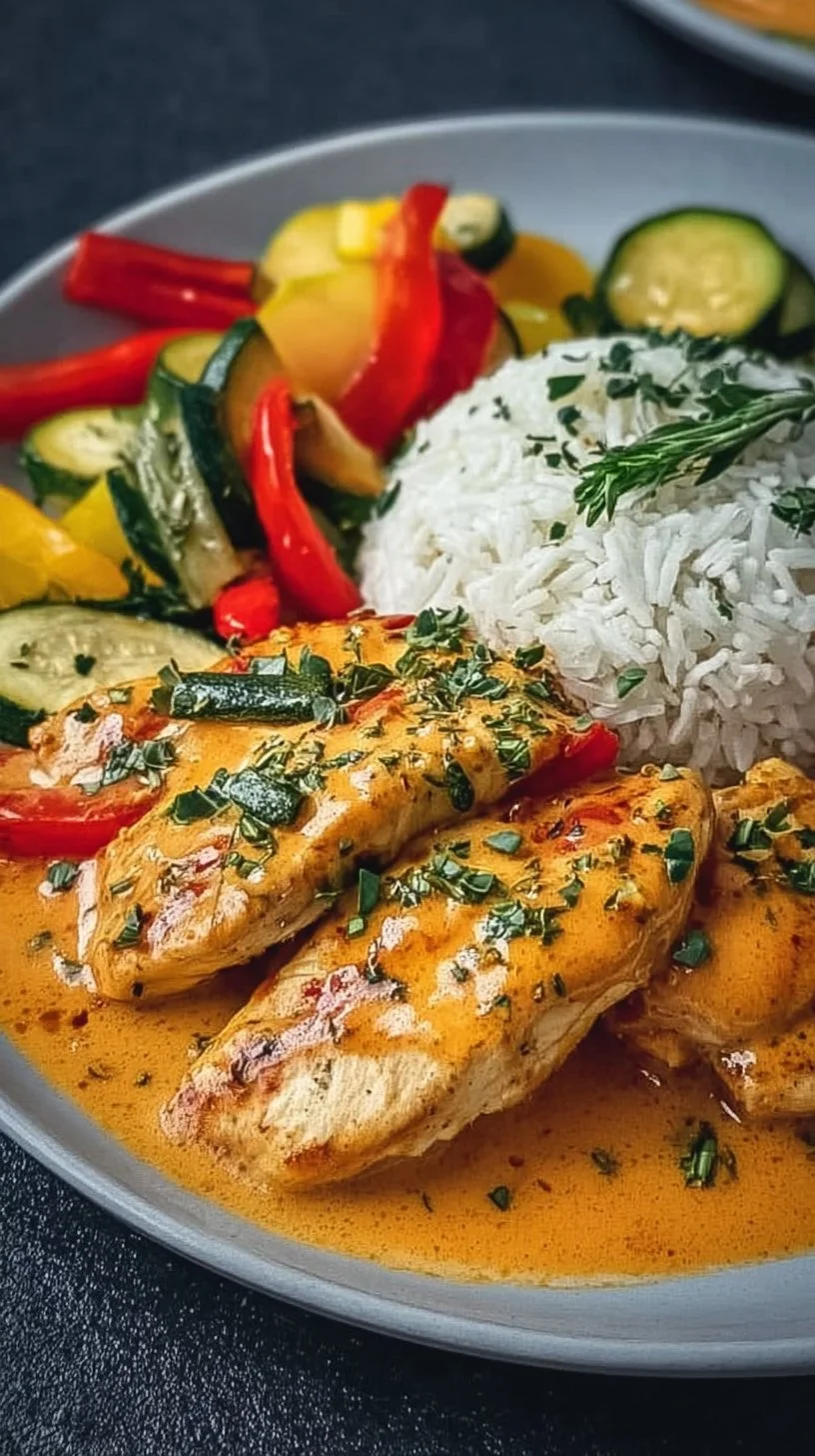 Paprika Zucchini Sahne Hähnchen in einer Pfanne zubereitet