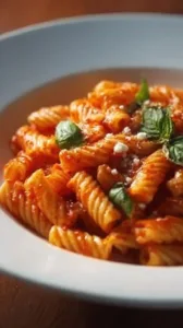 Pasta mit frischer Tomatensauce auf einem Teller serviert