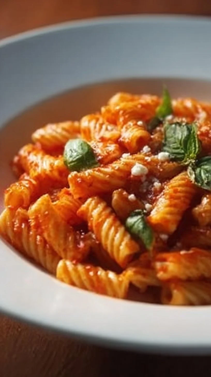 Pasta mit frischer Tomatensauce auf einem Teller serviert