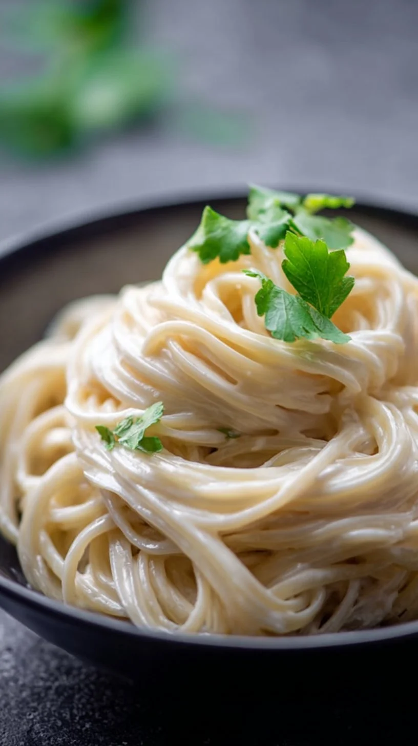Pasta mit Cashew-Käse-Sauce auf einem Teller, garniert mit frischen Kräutern.