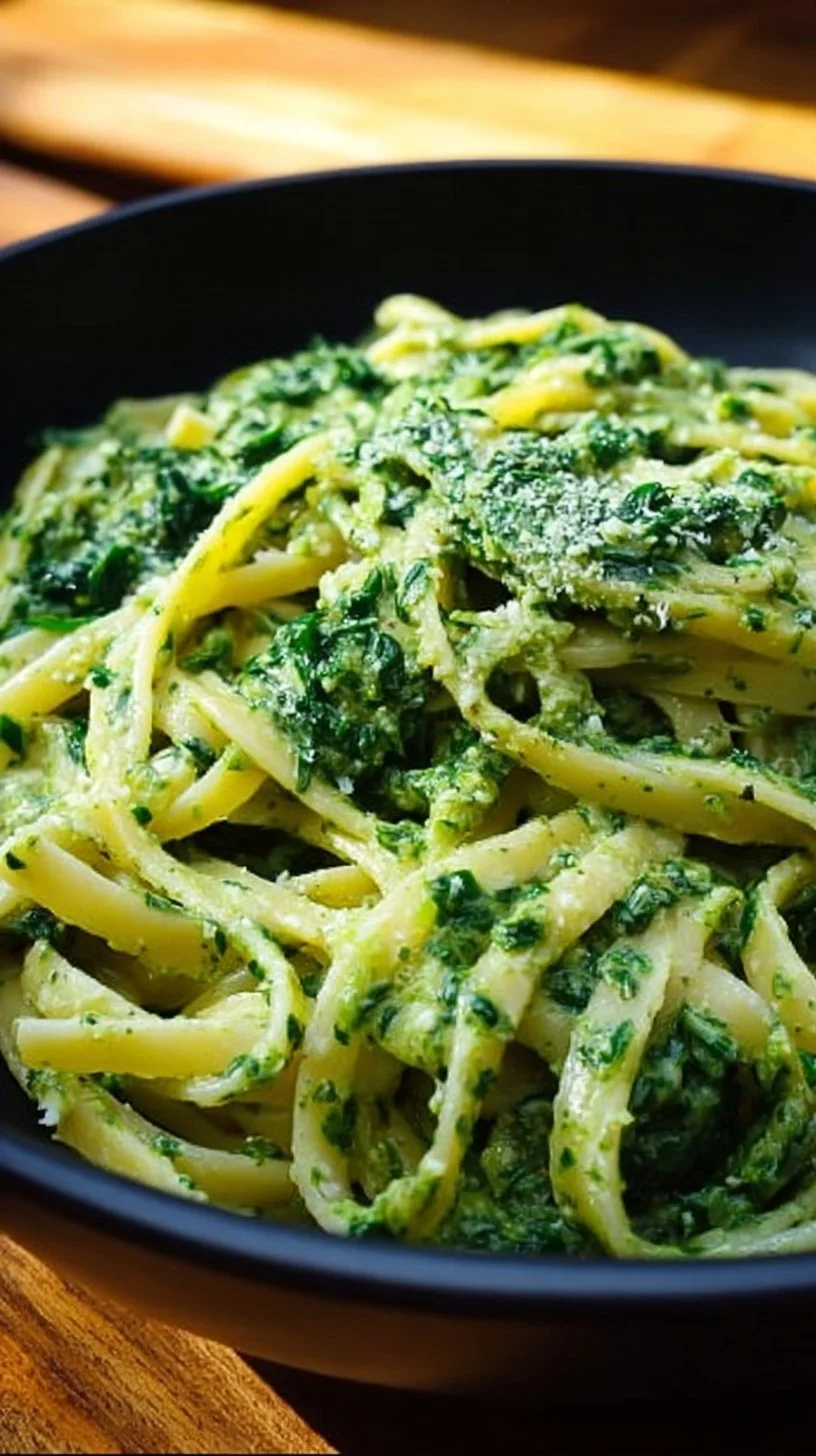 Pasta mit cremiger Spinatsauce auf einem Teller angerichtet