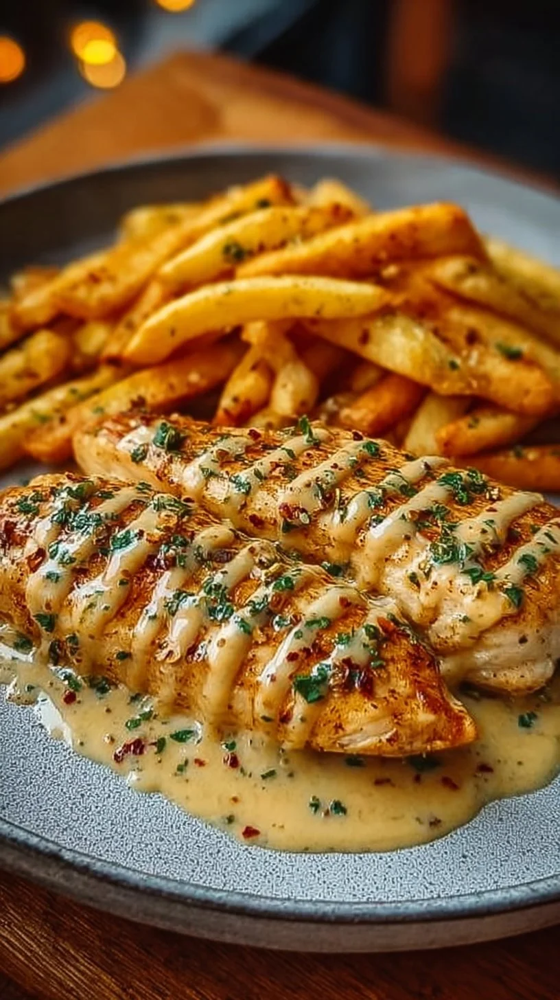 Köstliche Pommes Frites frisch zubereitet mit einem Dip auf einem Teller