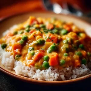 Reis mit cremiger Gemüse-Frischkäse-Sauce auf einem Teller