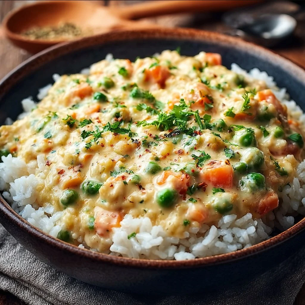 Reis mit Gemüse-Frischkäse-Sauce