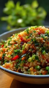 Reissalat mit Gemüse und Sesam-Chili-Dressing auf einem Teller