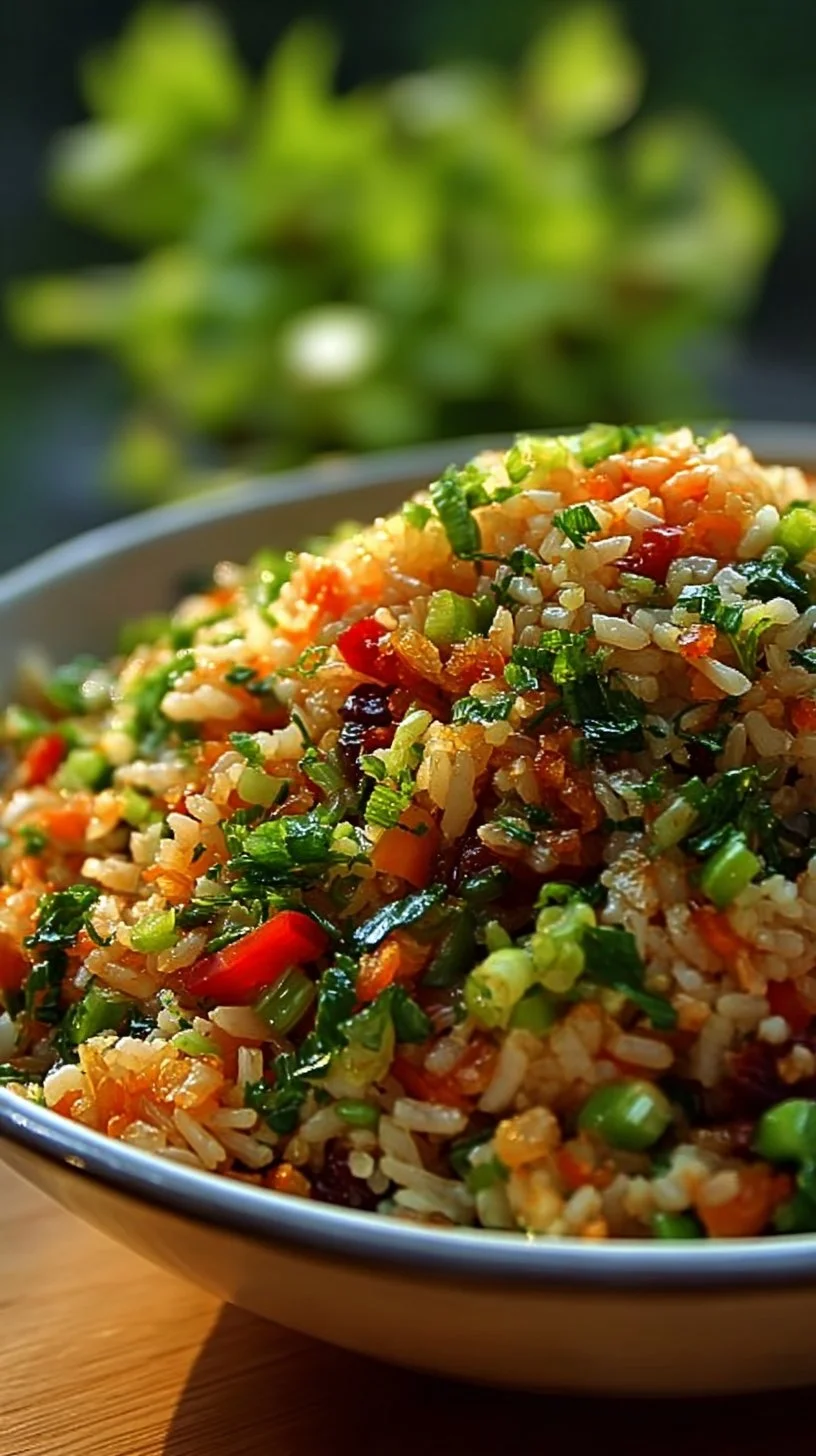 Reissalat mit Gemüse und Sesam-Chili-Dressing auf einem Teller
