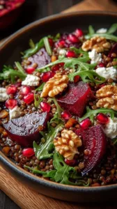 Bunter Rote Bete Linsen Salat auf einem Teller, frisch zubereitet.