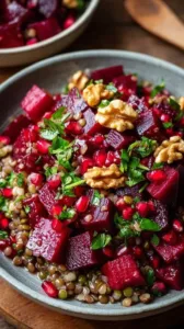 Rote-Bete-Linsen-Salat auf einem Teller mit frischen Zutaten