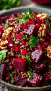 Rote Bete Linsensalat mit frischen Zutaten auf einem Teller angerichtet