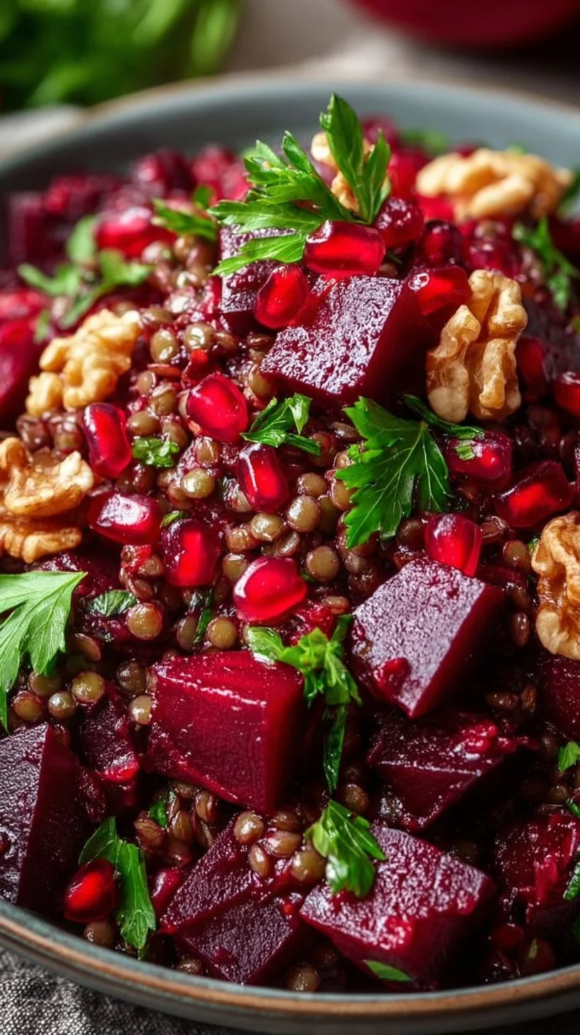 Rote Bete Linsensalat mit frischen Zutaten auf einem Teller angerichtet