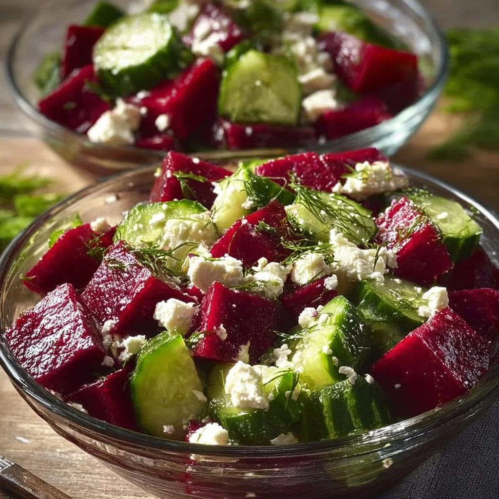 Rote-Bete-Salat mit Feta und Gurken, liebevoll angerichtet auf einem Teller.