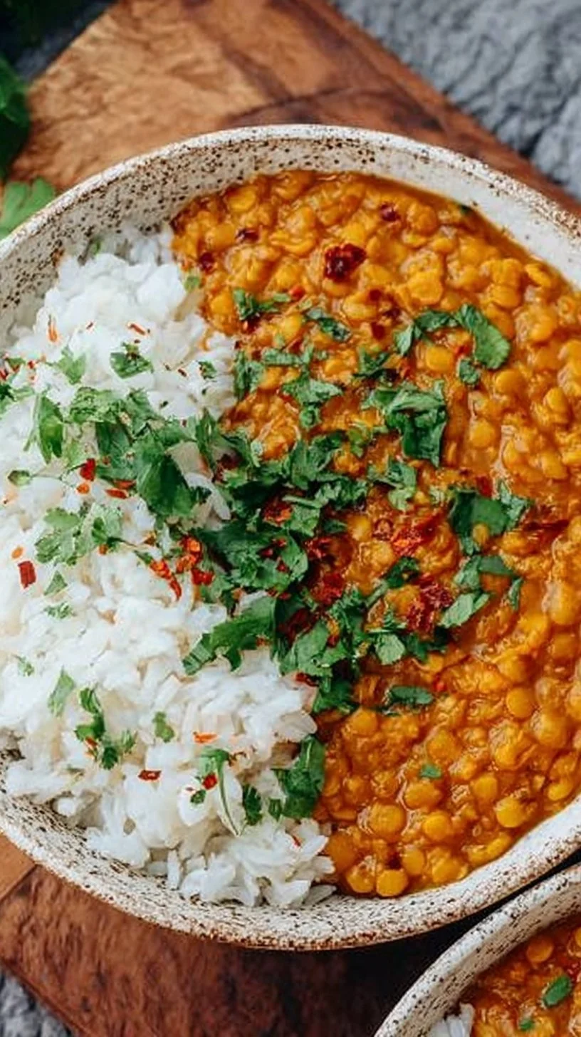 Rotes Linsencurry mit Kokosmilch auf einem Teller serviert