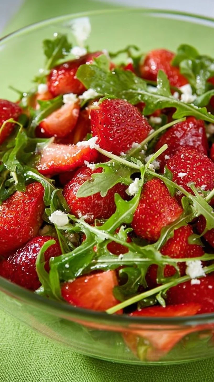 Rucolasalat mit Erdbeeren und Schafskäse in einer schönen Salatschüssel serviert