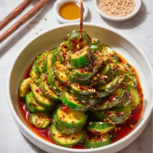 Scharfer asiatischer Gurkensalat mit frischen Zutaten und würziger Sauce