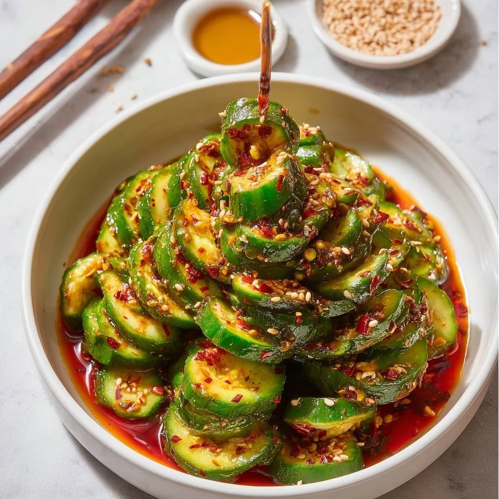 Scharfer asiatischer Gurkensalat mit frischen Zutaten und würziger Sauce